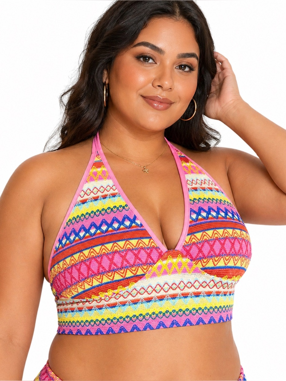 SHEIN Curve Crochet Halter Bikini Top Multicolor Boho 2XL (US 16)